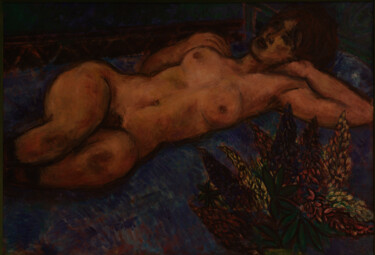 Painting titled "Nu aux fleurs - Pei…" by Robert Gibson, Original Artwork, Oil Mounted on Wood Stretcher frame