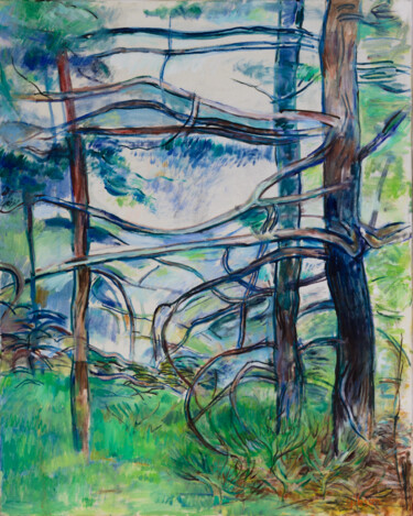 Schilderij getiteld "Forêt - Peinture à…" door Robert Gibson, Origineel Kunstwerk, Olie Gemonteerd op Frame voor houten bran…