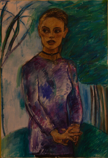 Ζωγραφική με τίτλο "Jeune fille au coll…" από Robert Gibson, Αυθεντικά έργα τέχνης, Λάδι Τοποθετήθηκε στο Ξύλινο φορείο σκελ…