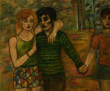 Painting titled "Ménage à  trois (tr…" by Robert Gibson, Original Artwork, Oil Mounted on Wood Stretcher frame