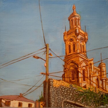 Painting titled "EGLISE SAINT-LUC" by Robert Inestroza, Original Artwork, Oil Mounted on Other rigid panel