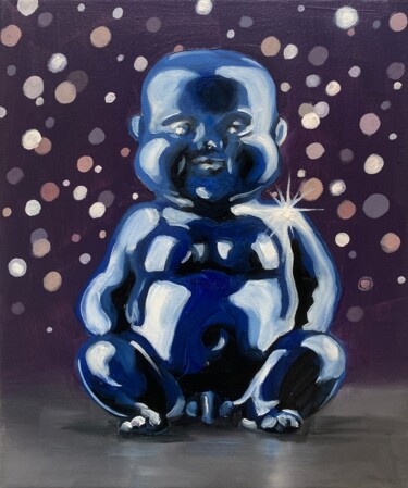 Painting titled "BABY BUDDHA" by Robert Inestroza, Original Artwork, Oil Mounted on Wood Stretcher frame