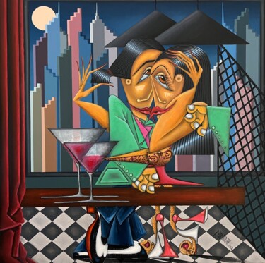 Malarstwo zatytułowany „W barze na Manhatta…” autorstwa Robert Jadczak (R.ROB  Jadczak), Oryginalna praca, Olej