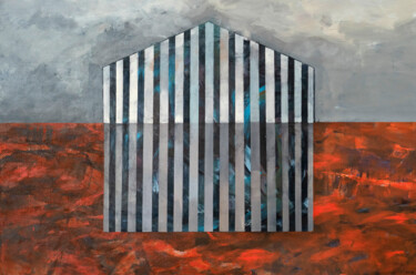 Painting titled "Barn in an orange f…" by Robert Kańtoch, Original Artwork, Acrylic Mounted on Wood Stretcher frame