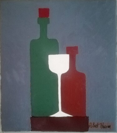 Malarstwo zatytułowany „bouteilles et verre” autorstwa Robert Marion, Oryginalna praca, Akryl Zamontowany na Drewniana rama…