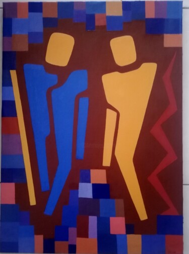 Painting titled "couple" by Robert Marion, Original Artwork, Oil Mounted on Wood Stretcher frame