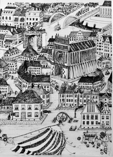 Schilderij getiteld "miasto2" door Robert Rubaj, Origineel Kunstwerk, Inkt