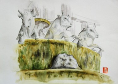 Pintura intitulada "taureaux de Longcha…" por Robert Serfati, Obras de arte originais, Aquarela