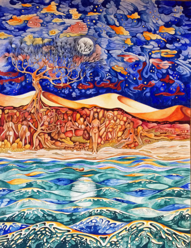 Painting titled "Le peuple du rivage…" by Bob, Original Artwork, Gouache