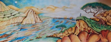 Contemplation : devant la chute d'eau.jpg Peinture intitulée "Contemplation : dev…" par Bob, Œuvre d'art originale, Gouache
