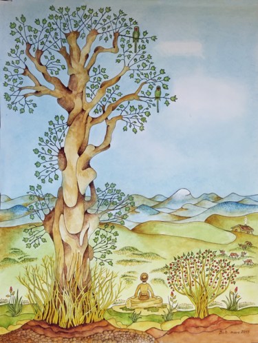 Painting titled "L'arbre aux deux pe…" by Bob, Original Artwork, Watercolor