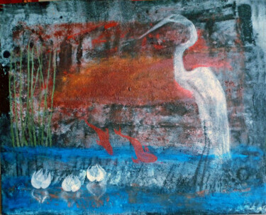 Painting titled "Crane and Fish" by Robert Winslow, Original Artwork, Acrylic