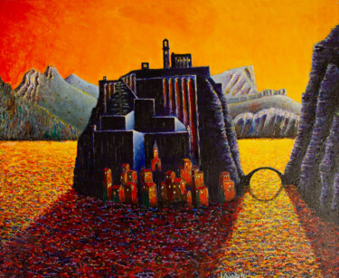Pintura titulada "La ville de Sistero…" por Robert Wundele, Obra de arte original, Acrílico Montado en Bastidor de camilla d…