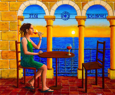 Painting titled "L'horloge café" by Robert Wundele, Original Artwork, Acrylic Mounted on Wood Stretcher frame