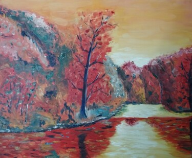 Peinture intitulée "La rivière au bord…" par Robert Wundele, Œuvre d'art originale, Huile Monté sur Châssis en bois