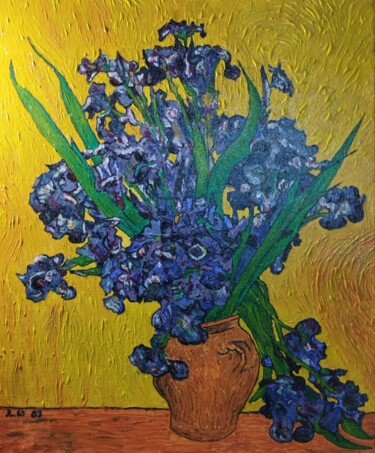 Malerei mit dem Titel "Les iris sur fond j…" von Robert Wundele, Original-Kunstwerk, Acryl Auf Keilrahmen aus Holz montiert