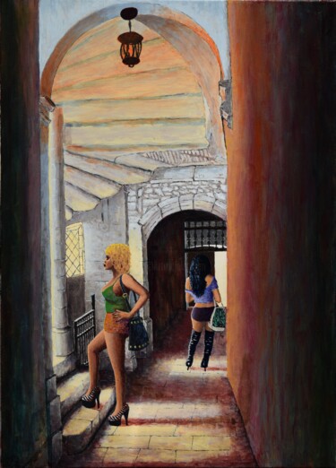Peinture intitulée "La visite" par Robert Wundele, Œuvre d'art originale, Acrylique
