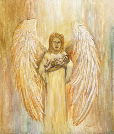 Painting titled "Archangel Gabriel w…" by Robertas Kasperovicius, Original Artwork, Oil Mounted on Wood Stretcher frame