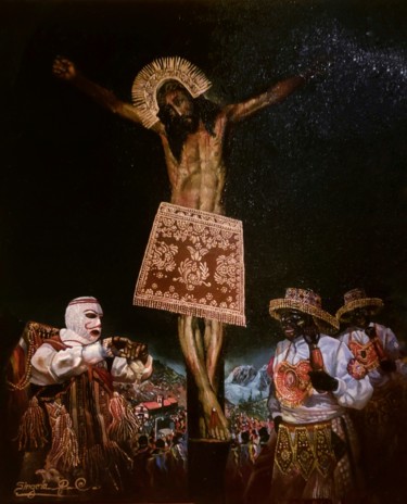 Painting titled "Interpretacion del…" by Roberth Singona (El chincherino), Original Artwork, Oil Mounted on Wood Stretcher f…