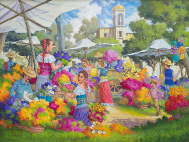 Painting titled "Vendedoras de Flores" by Roberto Benitez, Original Artwork, Oil