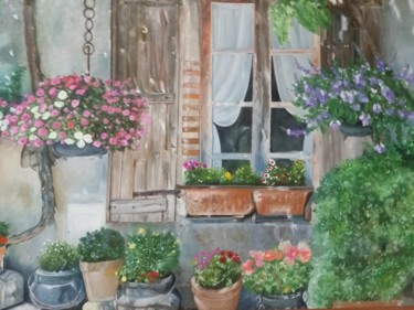 Pittura intitolato "finestra-con-fiori.…" da Monica Polenghi, Opera d'arte originale, Olio