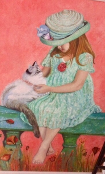 Painting titled "bimba con gatto" by Monica Polenghi, Original Artwork, Oil Mounted on Wood Stretcher frame
