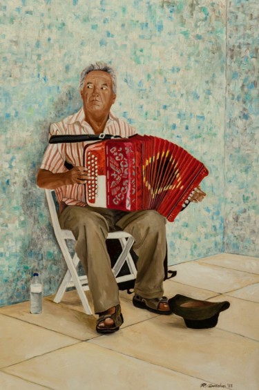 Peinture intitulée "suonatore di strada" par Roberto Carradori, Œuvre d'art originale, Huile