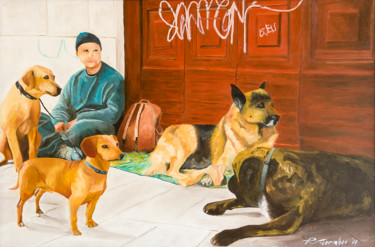 Pittura intitolato "uomo-con-cani-60x90…" da Roberto Carradori, Opera d'arte originale