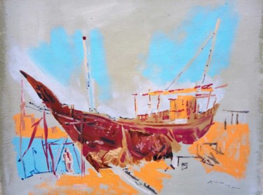 Peinture intitulée "Dhow at old seaport…" par Roberto Curoso, Œuvre d'art originale, Huile