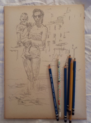 Roberto al mare con mamma Disegno intitolato "Roberto al mare con…" da Roberto Curoso, Opera d'arte originale, Matita