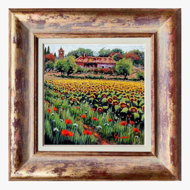 Painting titled "Village among sunfl…" by Roberto Gai, Original Artwork, Oil Mounted on Wood Stretcher frame