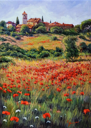 Painting titled "Village on the hill…" by Roberto Gai, Original Artwork, Oil Mounted on Wood Stretcher frame