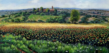 Painting titled "Sunflowers field "l…" by Roberto Gai, Original Artwork, Oil Mounted on Wood Stretcher frame