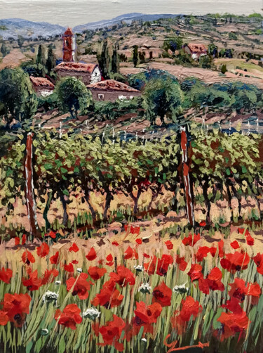 Pittura intitolato "Vineyard & Poppies…" da Roberto Gai, Opera d'arte originale, Olio Montato su Telaio per barella in legno