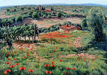 Ζωγραφική με τίτλο "Valley landscape -…" από Roberto Gai, Αυθεντικά έργα τέχνης, Λάδι Τοποθετήθηκε στο Ξύλινο φορείο σκελετό