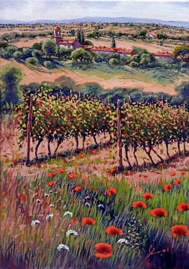 Malarstwo zatytułowany „One day in the vine…” autorstwa Roberto Gai, Oryginalna praca, Olej Zamontowany na Drewniana rama no…