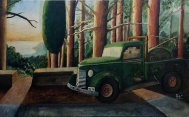Pintura intitulada "Camión grúa en los…" por Roberto García López, Obras de arte originais, Óleo