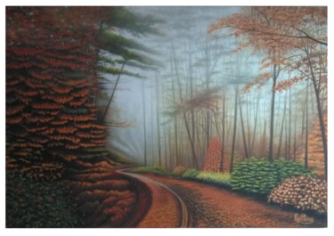 Painting titled "FOG IN THE WOODS" by Roberto Pittino, Original Artwork, Oil Mounted on Wood Stretcher frame