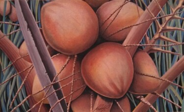 Malerei mit dem Titel "LUCKY COCONUTS" von Roberto Pittino, Original-Kunstwerk, Aquarell