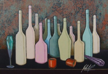 Painting titled "HAPPY BOTTLES" by Roberto Pittino, Original Artwork, Oil