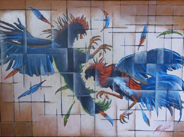 Painting titled "COCKFIGHT" by Roberto Pittino, Original Artwork, Oil Mounted on Wood Stretcher frame