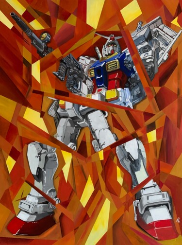 Painting titled "GUNDAM" by Roberto Re, Original Artwork, Oil Mounted on Wood Panel