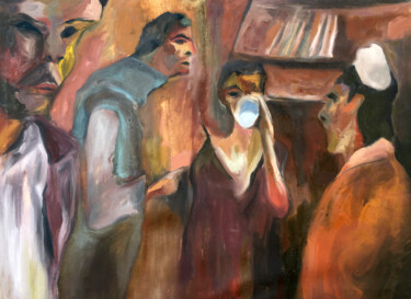Painting titled "Rope meeting" by Roberto Rivas, Original Artwork, Oil Mounted on Wood Stretcher frame