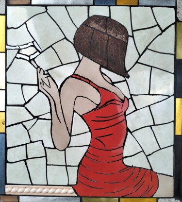 "donna in rosso" başlıklı Heykel Roberto Rubiola tarafından, Orijinal sanat, Seramik Ahşap panel üzerine monte edilmiş