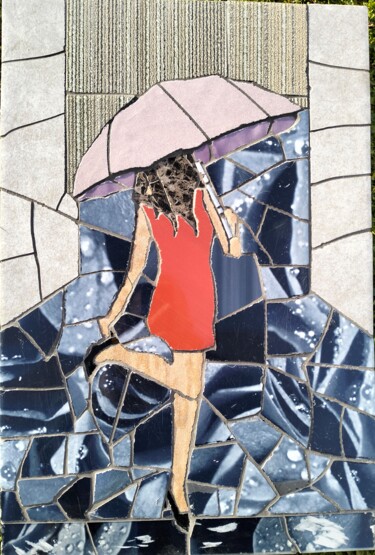 Sculpture titled "Donna con ombrello…" by Roberto Rubiola, Original Artwork, Mosaic Mounted on Wood Panel