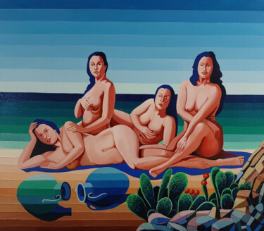 Pittura intitolato "Donne in spiaggia (…" da Roberto Tedoldi, Opera d'arte originale, Olio