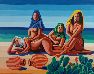 Painting titled "DONNE SARDE IN SPIA…" by Roberto Tedoldi, Original Artwork, Oil