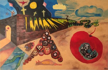 Painting titled "Friedhof und Apfel" by Roberto Yañez, Original Artwork, Oil