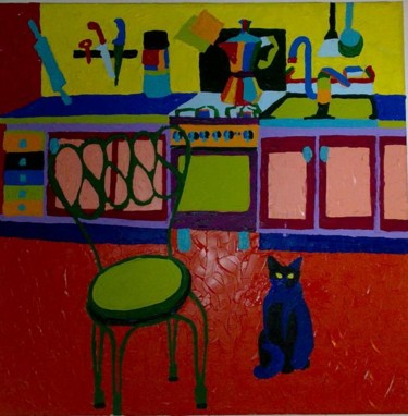 Pittura intitolato "la gatta in cucina" da Roberto Aere, Opera d'arte originale, Olio