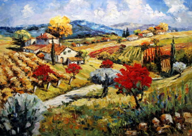 Painting titled "Pear Trees in the F…" by Roberto Fisano, Original Artwork, Oil